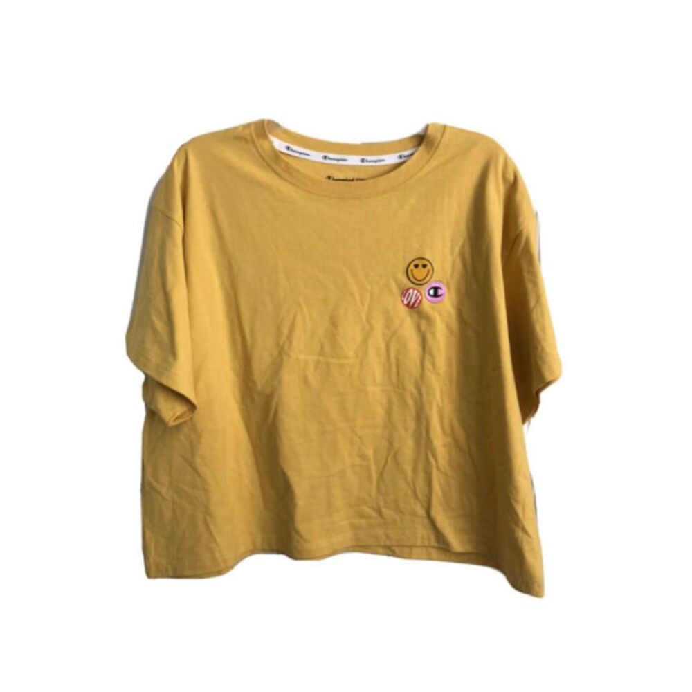 NWT CHAMPION Womens Yellow Cotton Blend Logo Short Sleeve Crew Neck Crop Top S